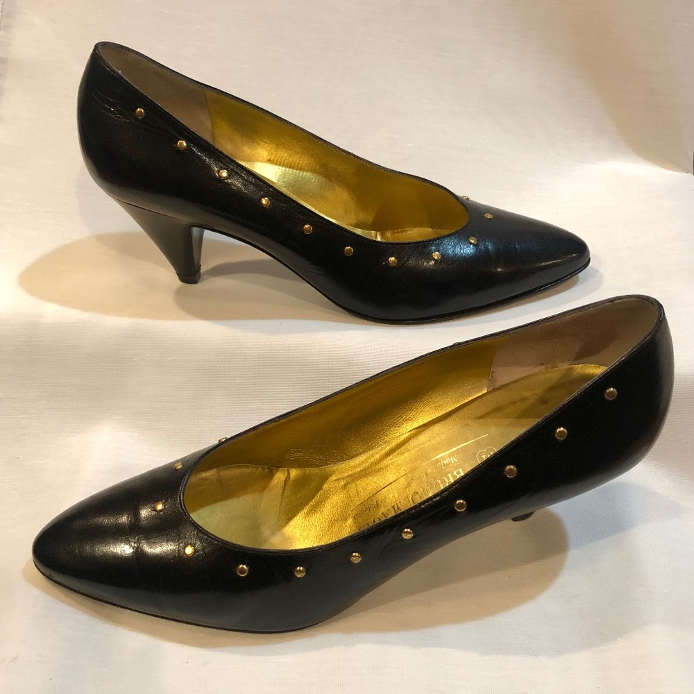 Vintage  Bruno Magli Black Kid Pumps, Trimmed with Small Gold/Brass Studs